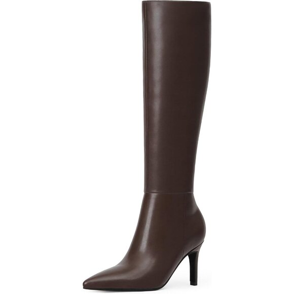 Women Chocolate Faux Leather Pointed Toe Tall Stiletto Heel  Zipper Dress Boot - Picture 1 of 7